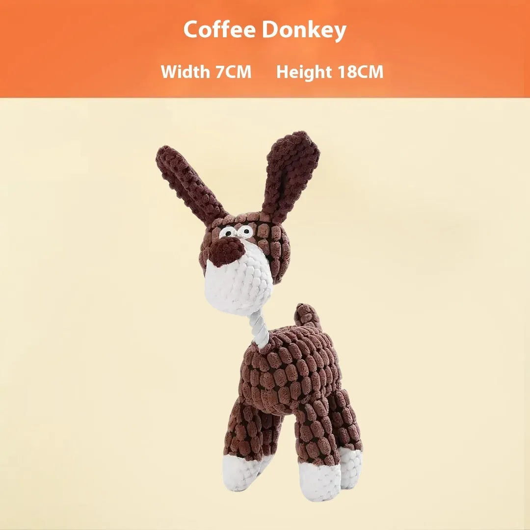 Assorted plush puppy toys including a blue elephant, coloured donkeys, and rechargeable duck styles.