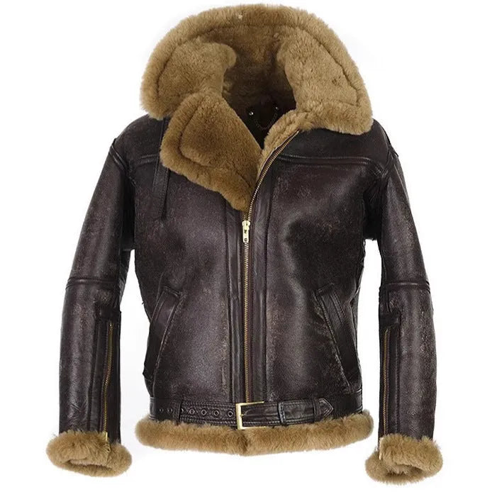 Men's brown retro synthetic leather winter fur coat with straight hem