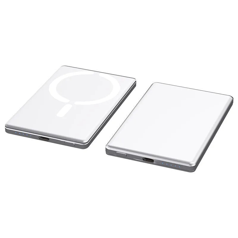 Ultra-thin magnetic power bank with alloy shell in dark gray colour showing compact 105x66mm dimensions