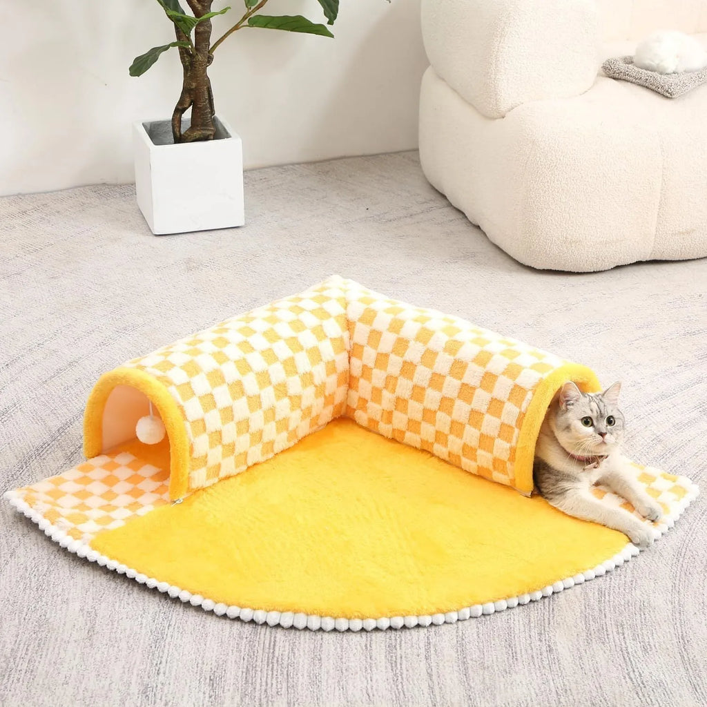 XL fan-shaped plush pet bed for dogs and cats with integrated tunnel in a plaid pattern.