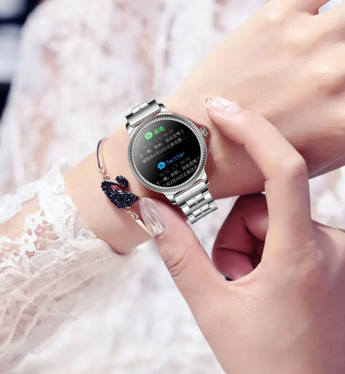 AK38 ladies smartwatch with stainless steel wristband showing 1.09-inch colour display