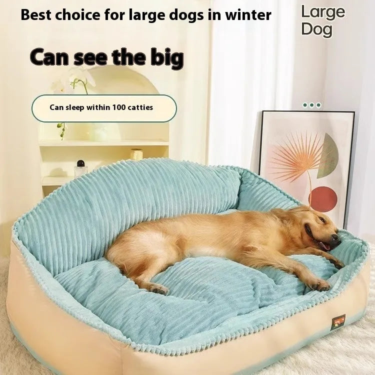 Morandi coloured removable dog mat cat bed in a doghouse shape on a sofa, shown in M and L sizes.