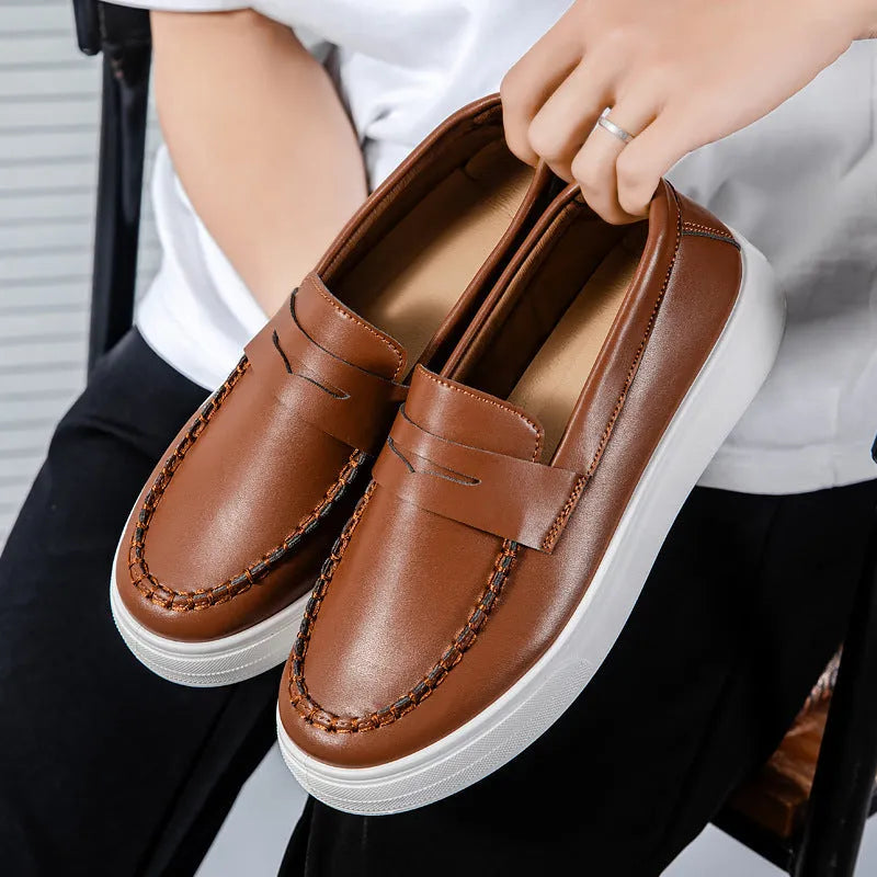 Casual slip-on shoes in white, black and white, and khaki colours with round toe design