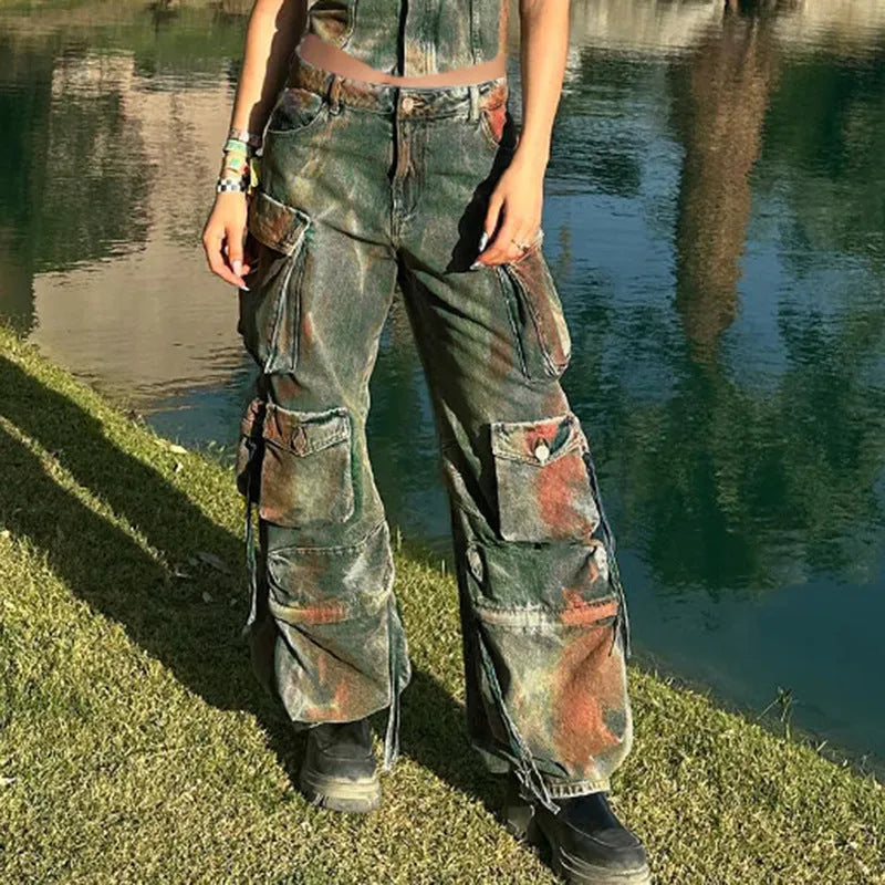 Loose cargo denim trousers with gradient colour pockets in retro blooming design
