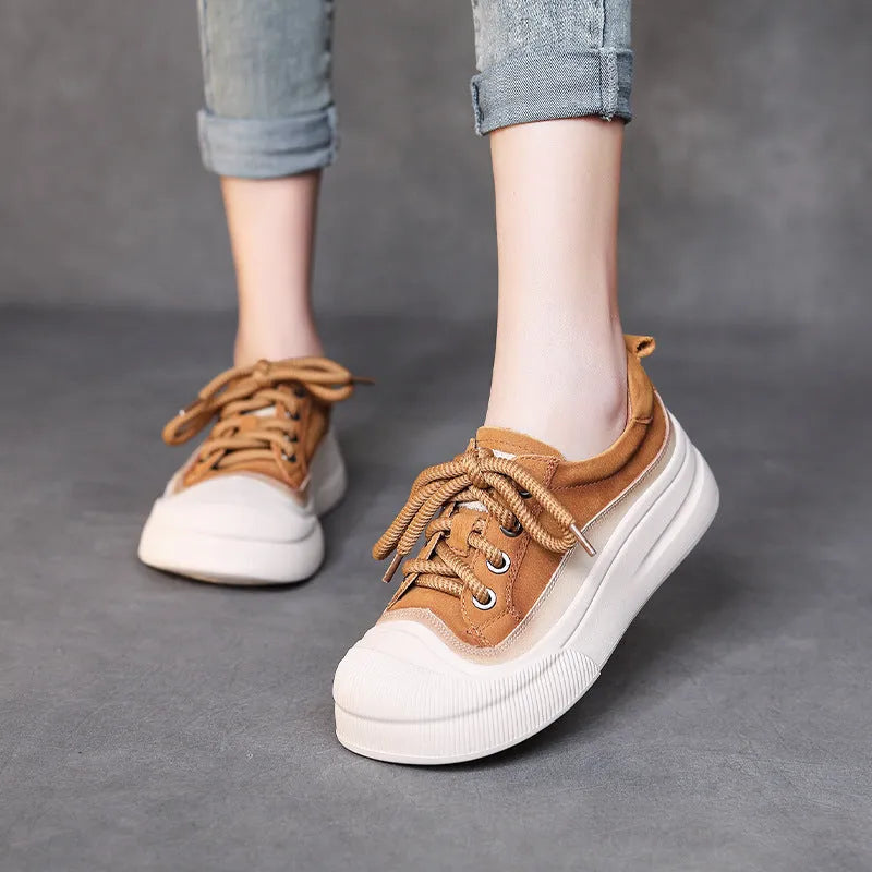 Women's full grain cow leather lace-up casual shoes in Cameo Brown and Yellow with round toe and rubber foam sole