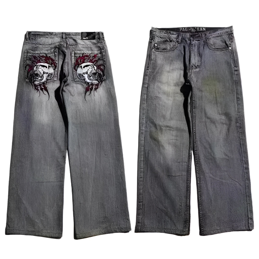 Men's grey washed-out jeans with wide-leg workwear design and straight-cut silhouette