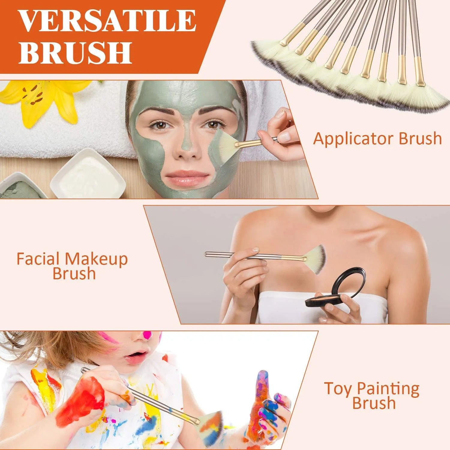 10 professional facial fan brushes with champagne-coloured acrylic handles and protective covers
