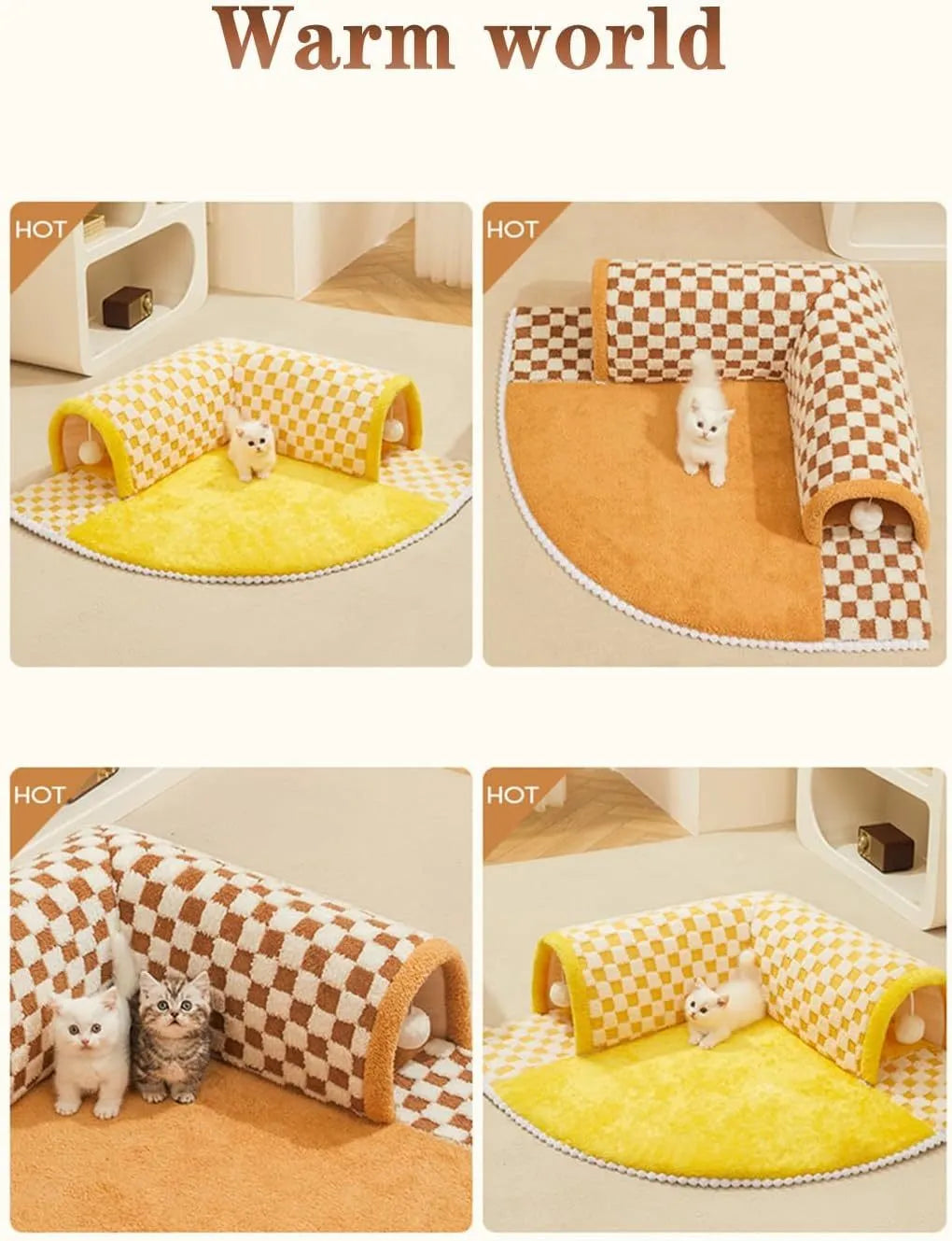 Brown plush plaid cat tunnel bed with central mat on a wooden floor.