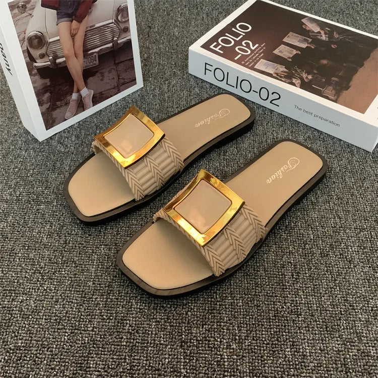 Women's summer flat slippers in apricot colour with waterproof PVC sole
