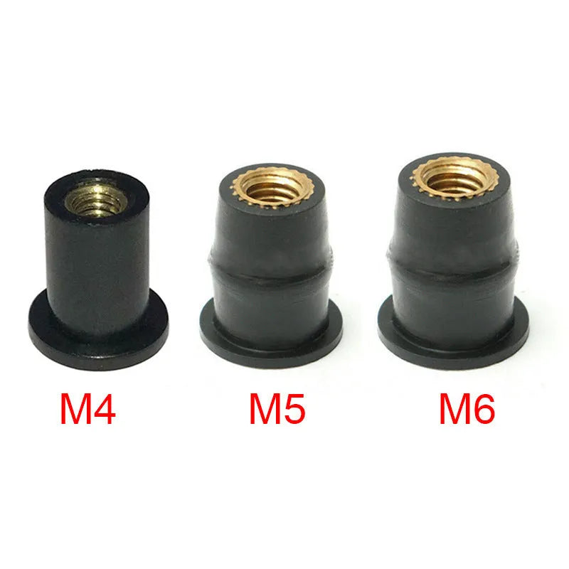 Black rubber expansion nuts with brass inserts for motorcycle windshield mounting in M4 M5 M6 sizes