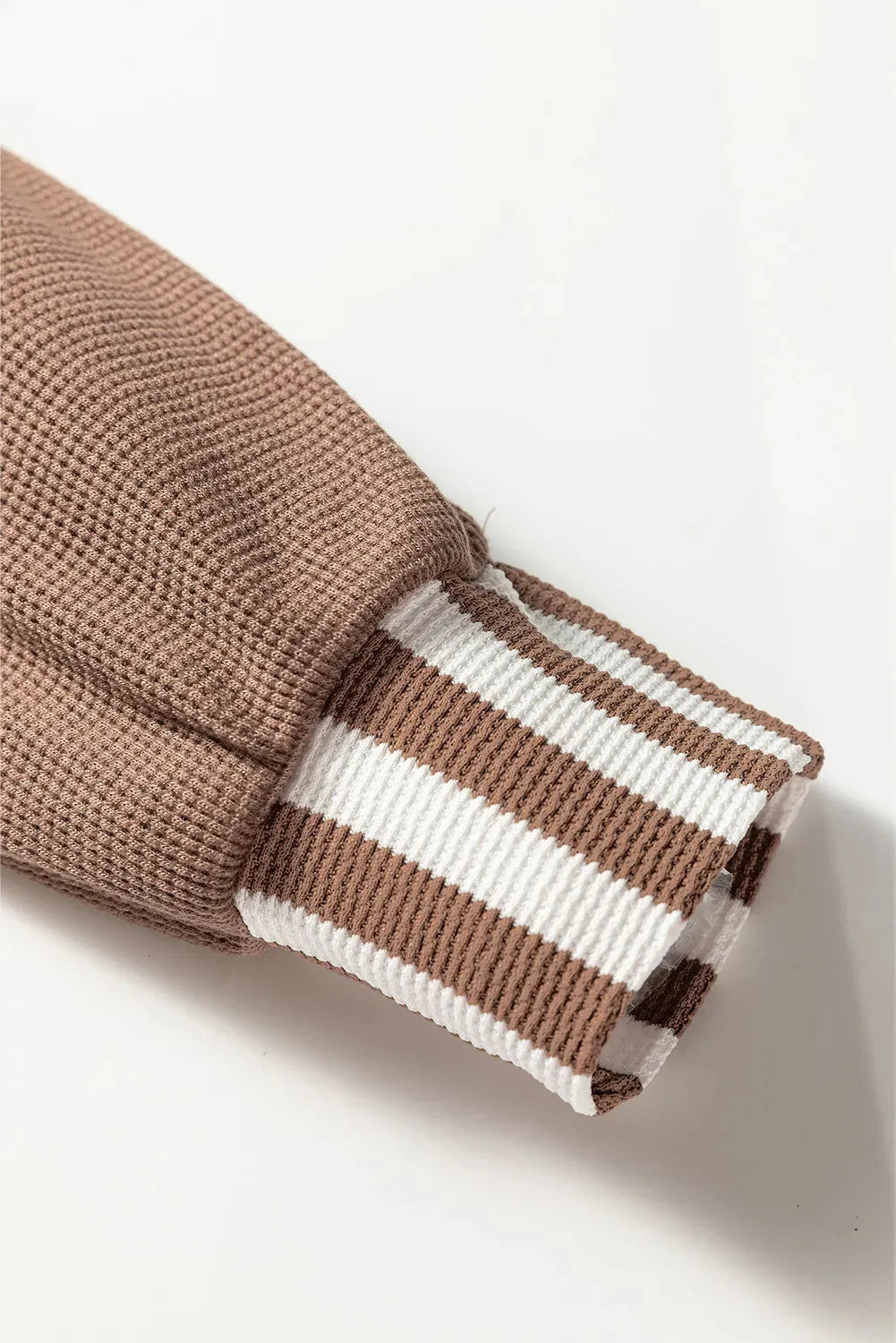 Straw yellow waffle texture striped patchwork hoodie with button neck and drawstring