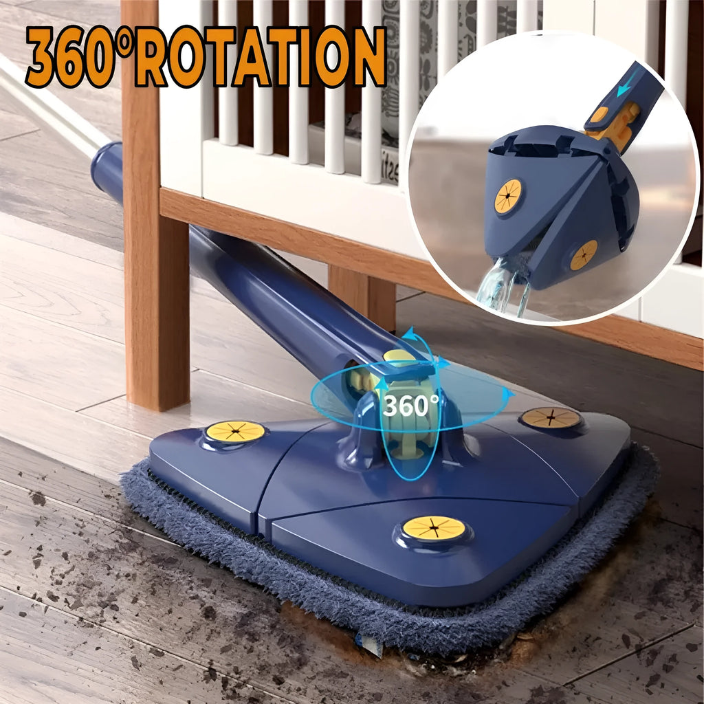 Blue extendable triangle cleaning mop with rotating head on a stainless steel pole for floors and walls.