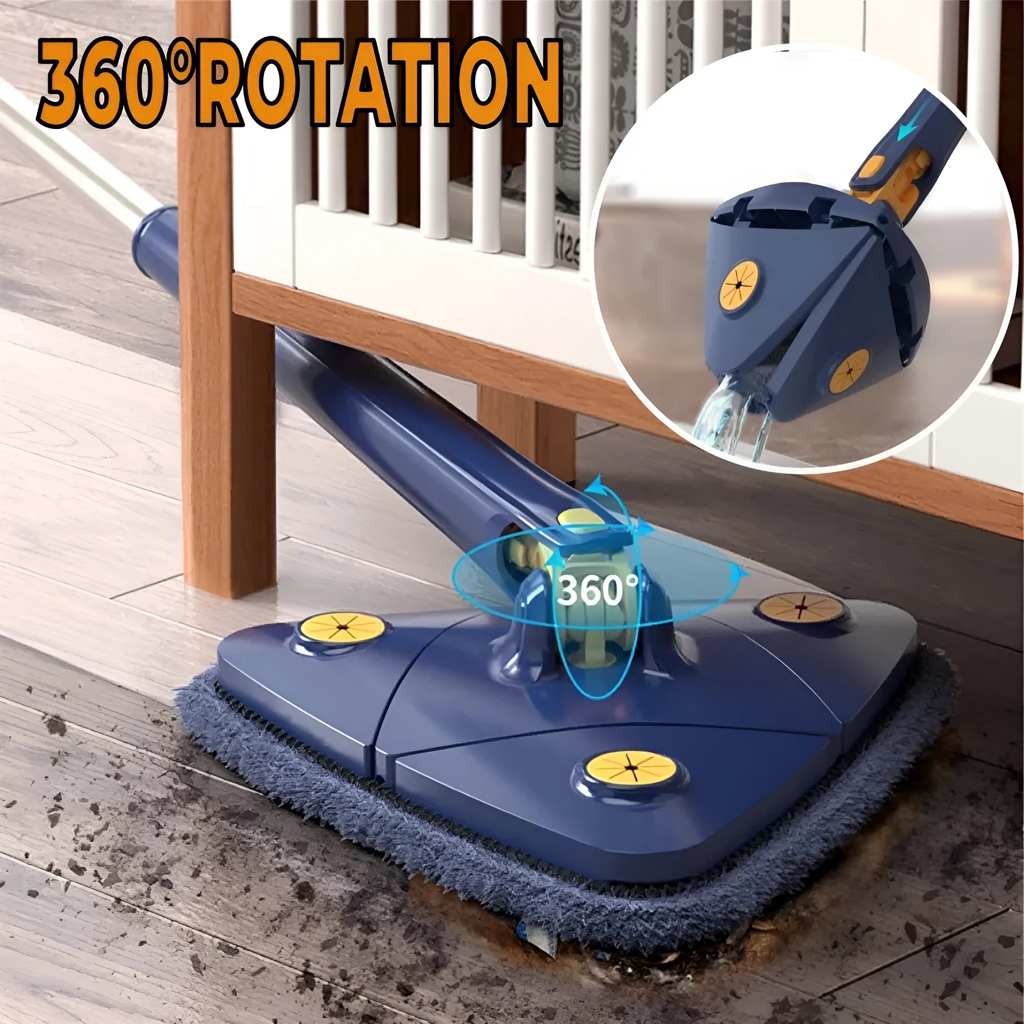 Blue extendable triangle cleaning mop with rotating head on a stainless steel pole for floors and walls.