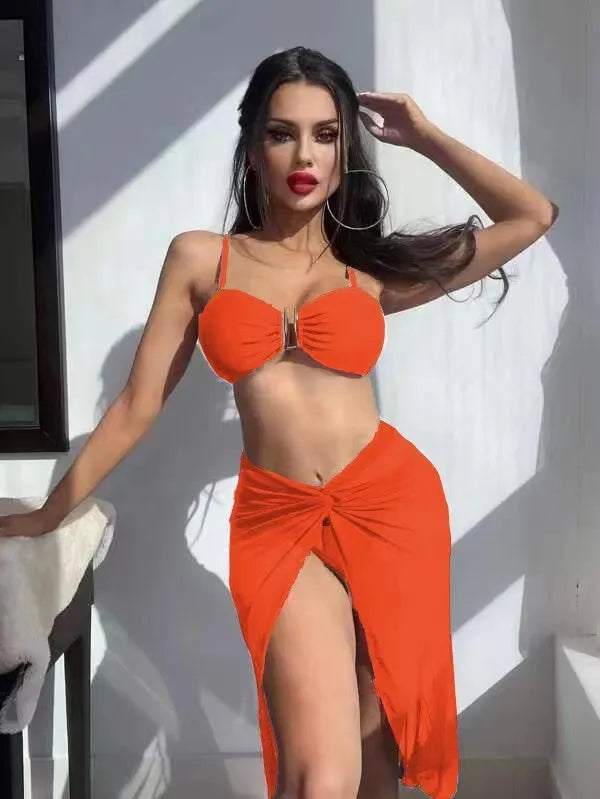 Women's three-piece bikini swim set with long culotte bottoms in multiple colour options