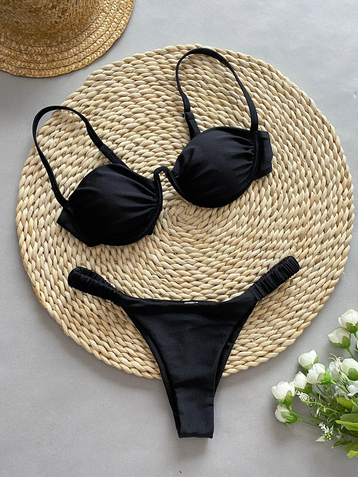 Women's underwire bikini swimsuit in black, khaki and white colours with European styling