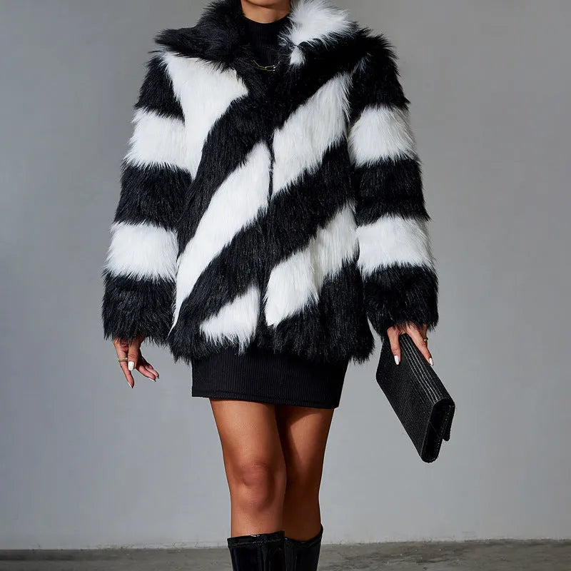 Faux fur coat with contrast lapel and fur collar in normal 50cm length
