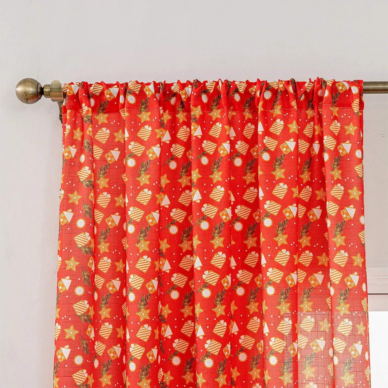 Christmas curtain with cartoon snowman and angel print in red colour