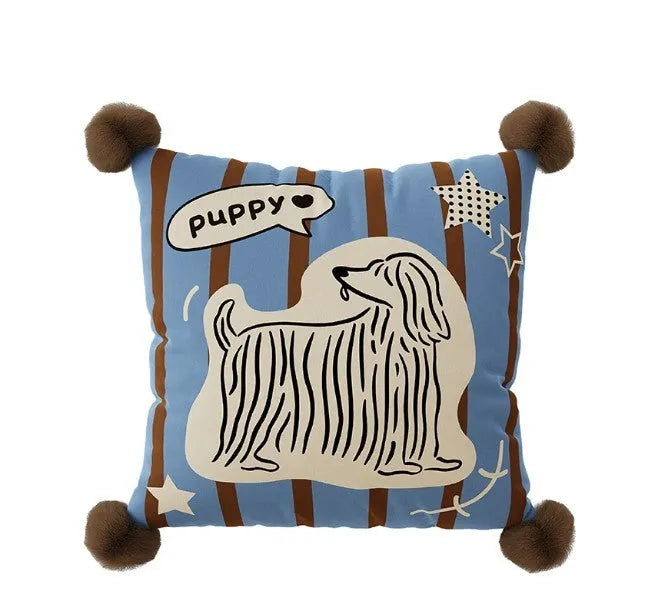 Cartoon animal print decorative cushion pillow on a sofa in blue, brown, or white.