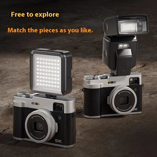 Black 5K digital camera with optical viewfinder and dual lenses on front and rear