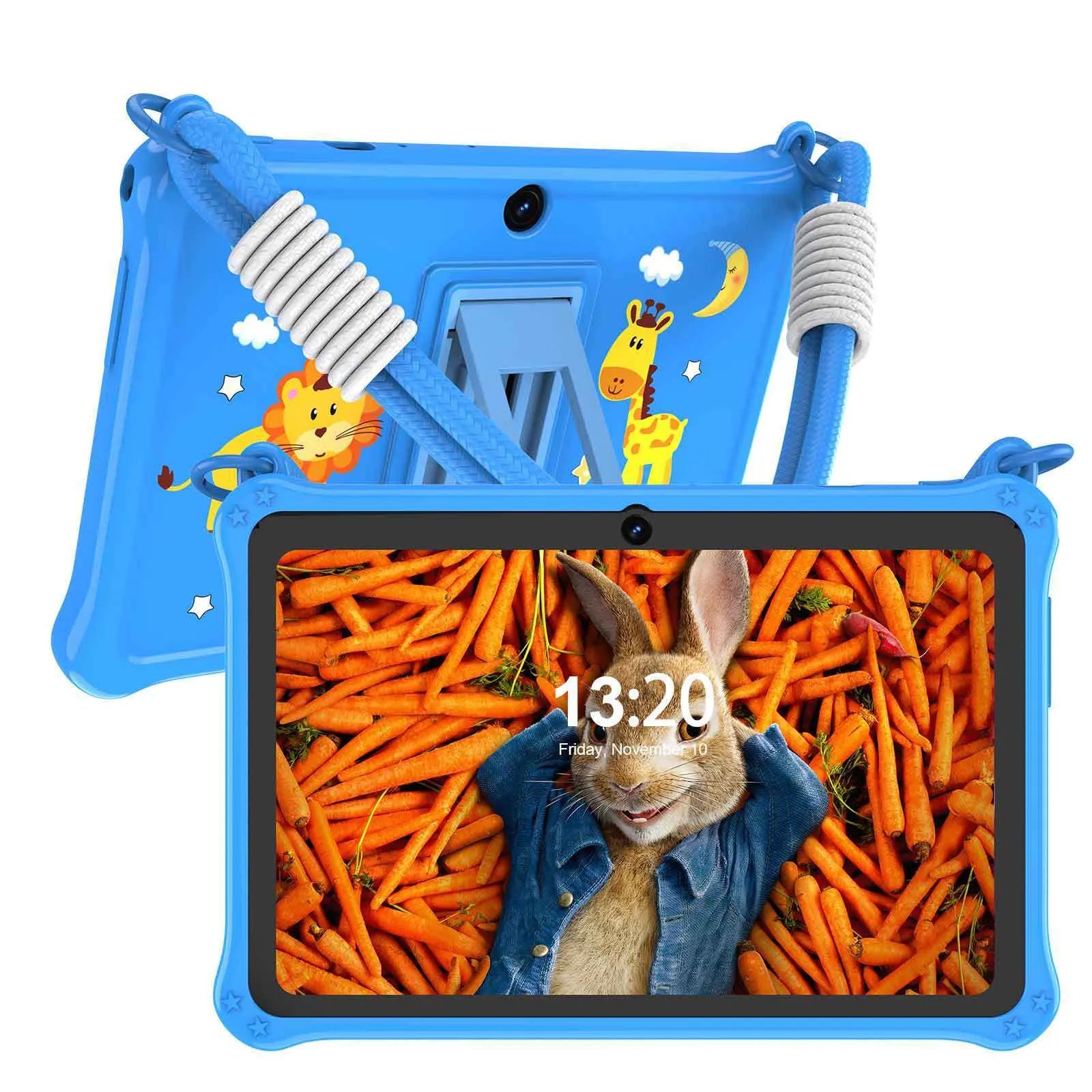 Sapphire blue silicone protective case for a 7-inch children's tablet on a table.