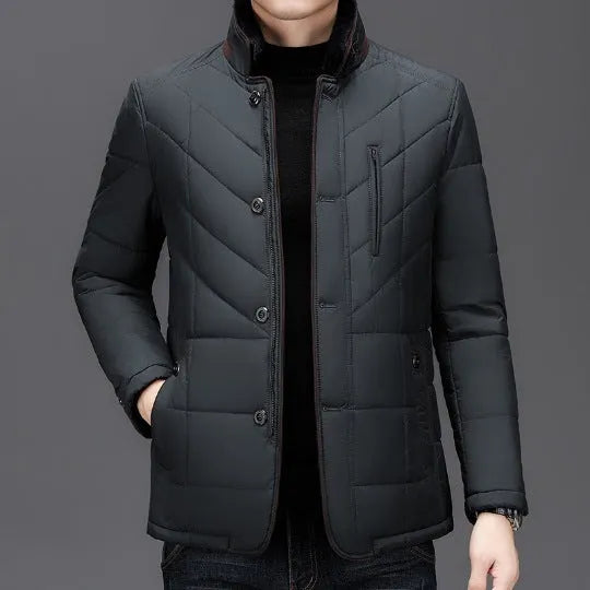 Men's winter short coat in dark blue with cotton-padded insulation and side pockets