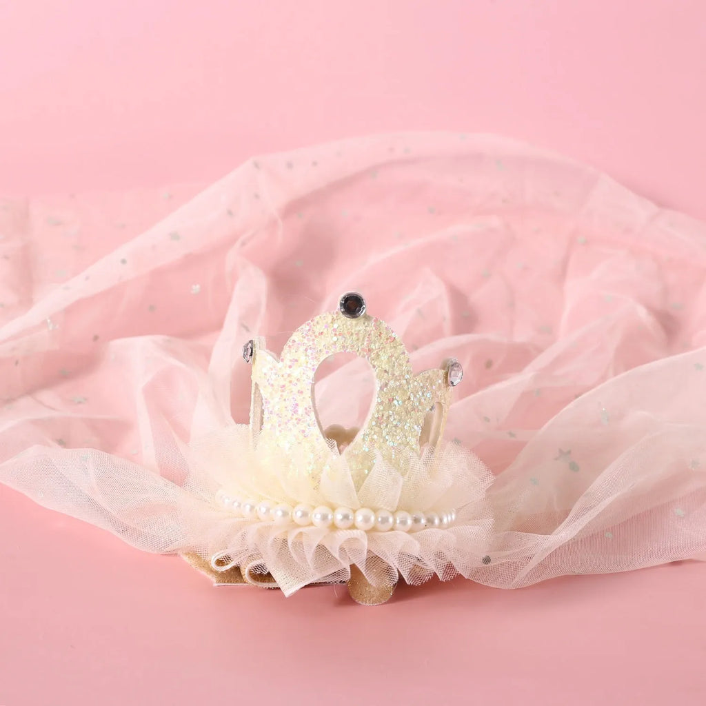 Pet cat wearing a princess crown headdress with a long veil, available in beige or pink.