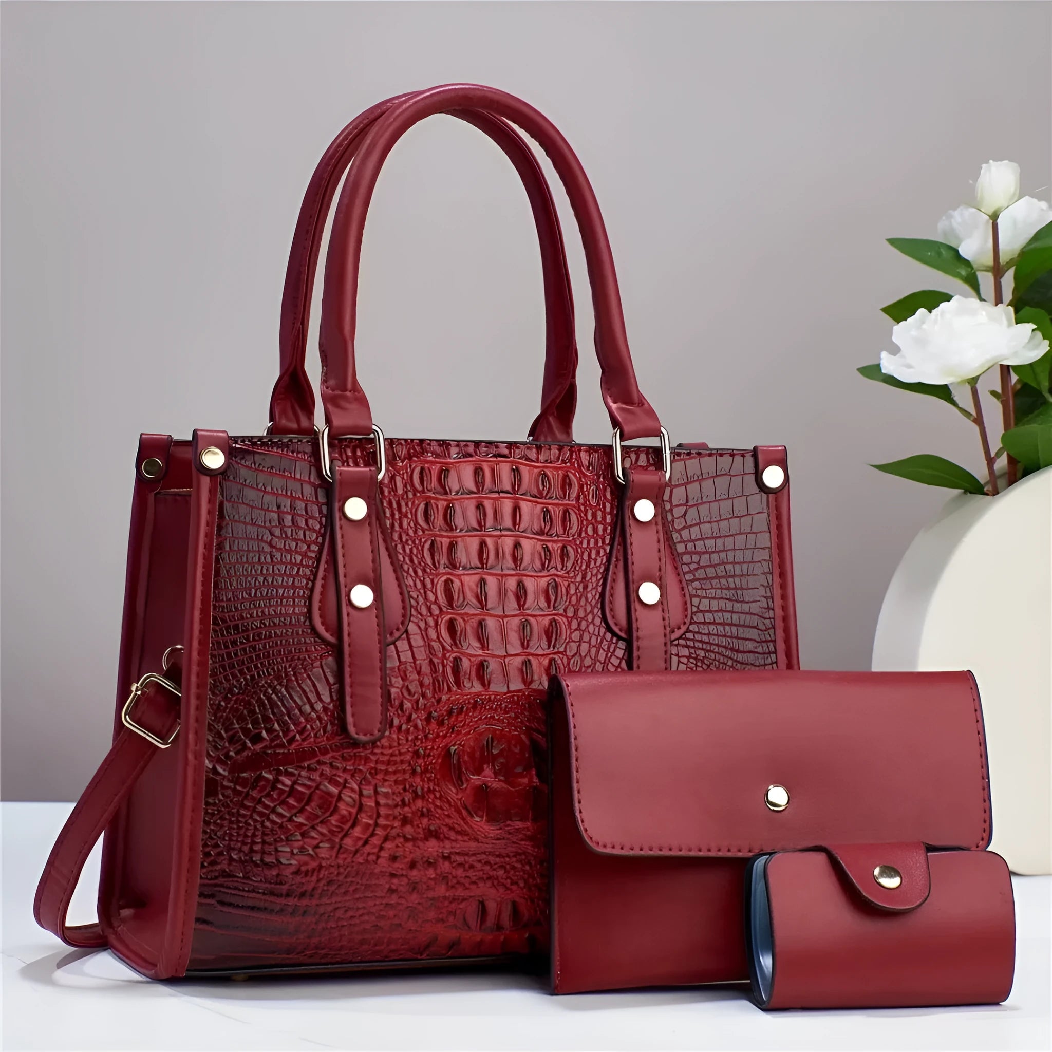 PU leather three-piece crossbody bag set with wallet and card holder in bucket shape