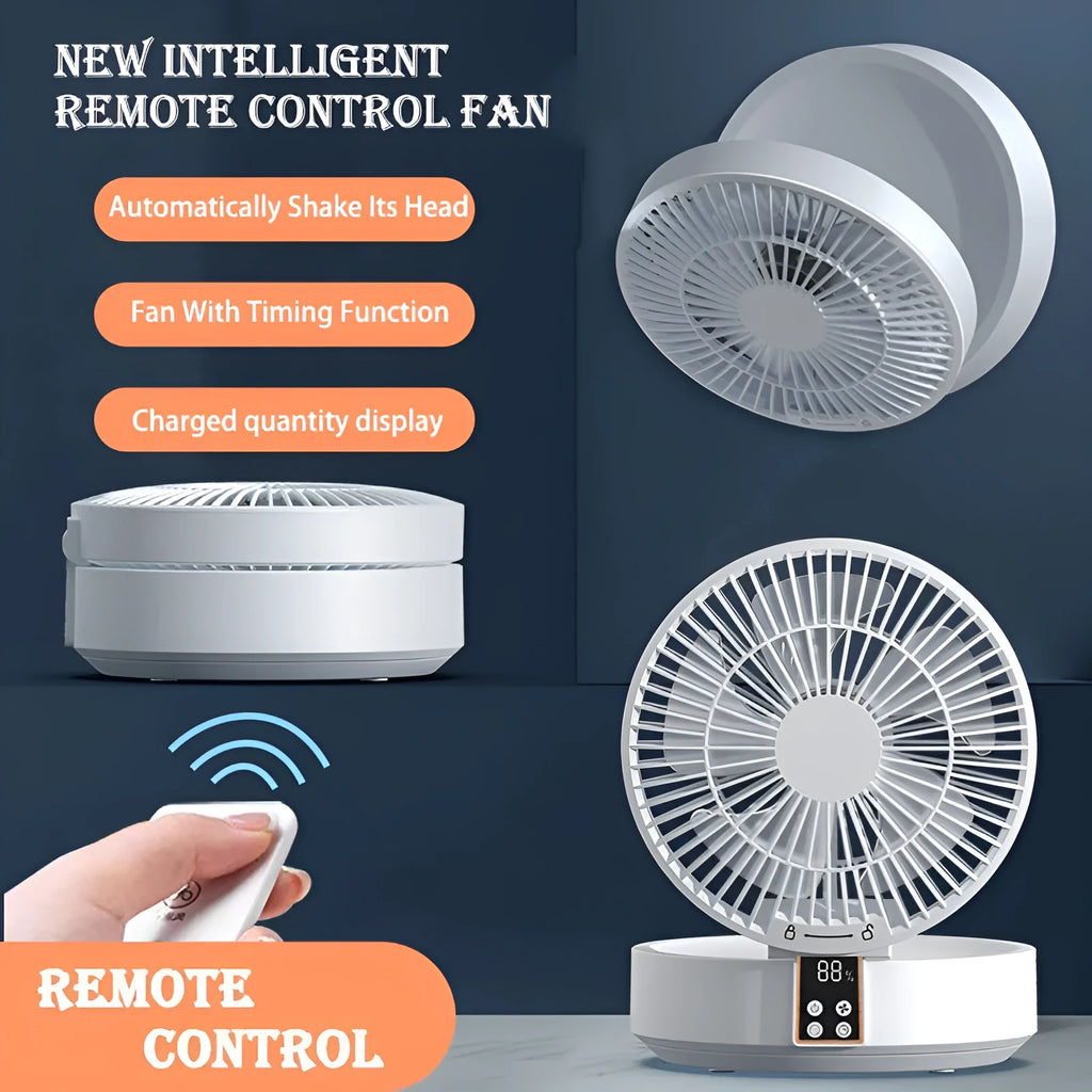 White portable USB rechargeable folding desk fan with remote control on wooden surface