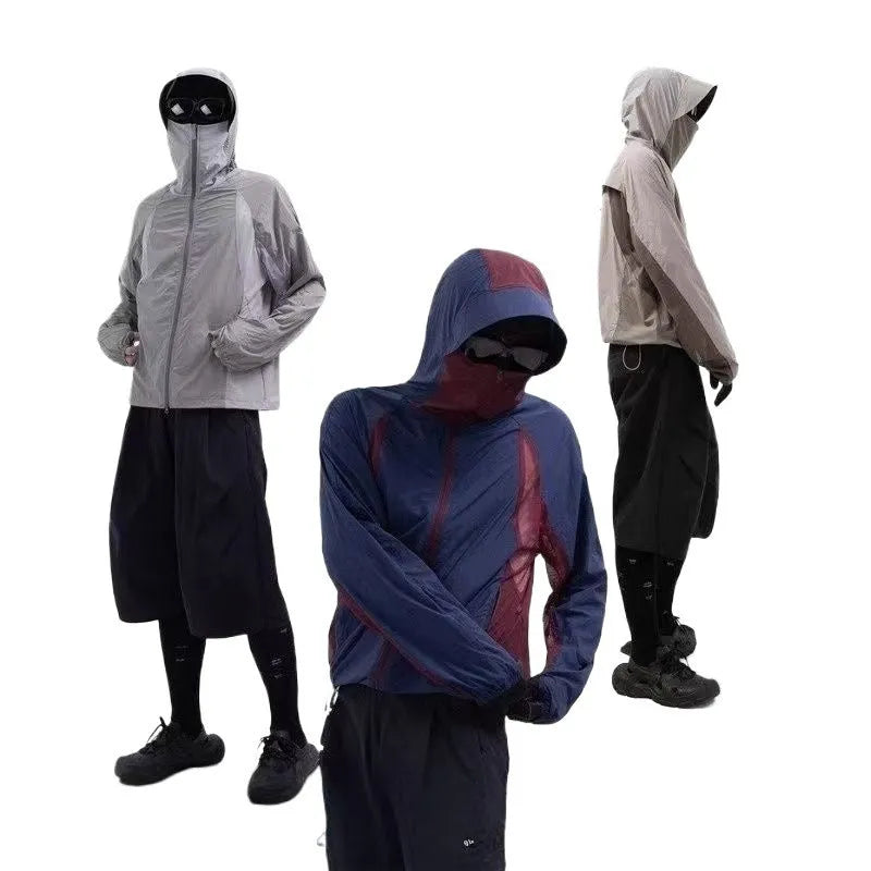 Mesh stitching thin nylon UV protection sun hoodie in desert brown colour