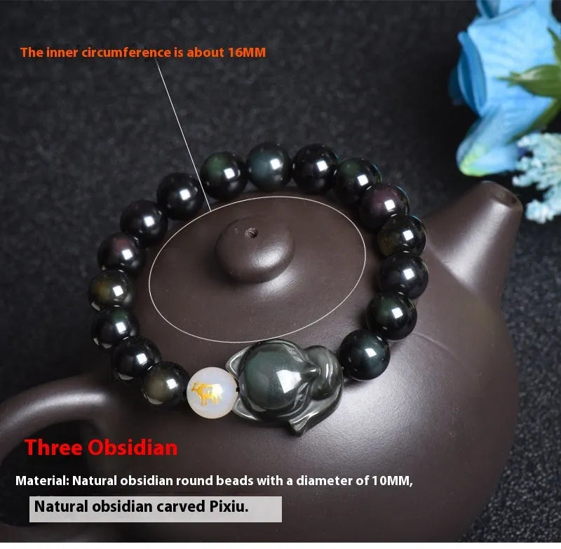 Natural obsidian zodiac bracelet with 10mm beads in gold, silver and black stone variations