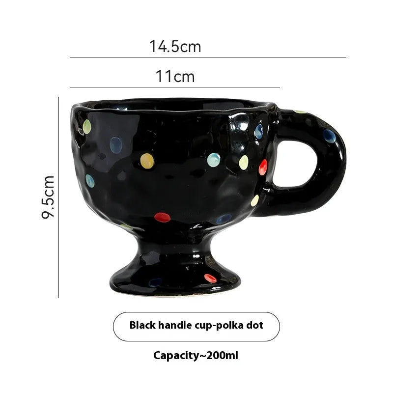 Hand-pinched irregular ceramic mug in solid colour with modern simple style, shown from side angle