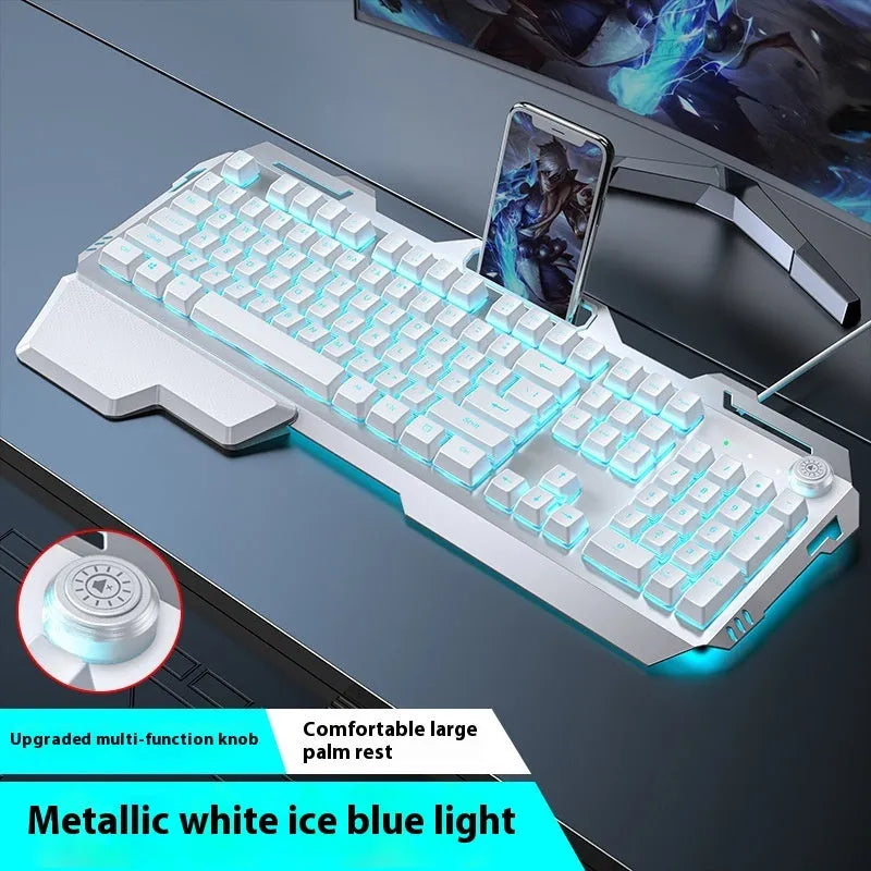 Aluminium mechanical-feel keyboard with control knob in silver black or metal grey colour with RGB lighting
