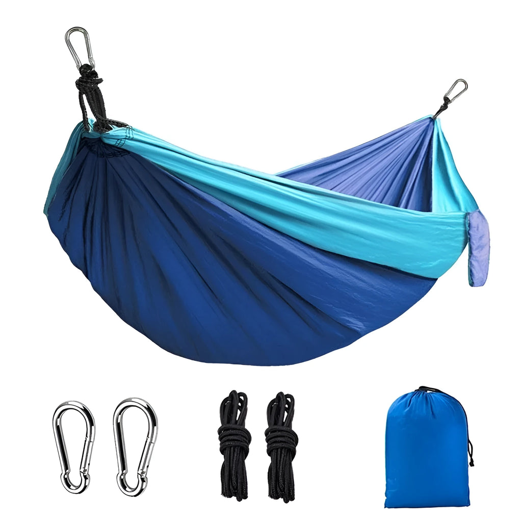 Outdoor nylon hammock in blue colour with reinforced stitching for camping and garden use