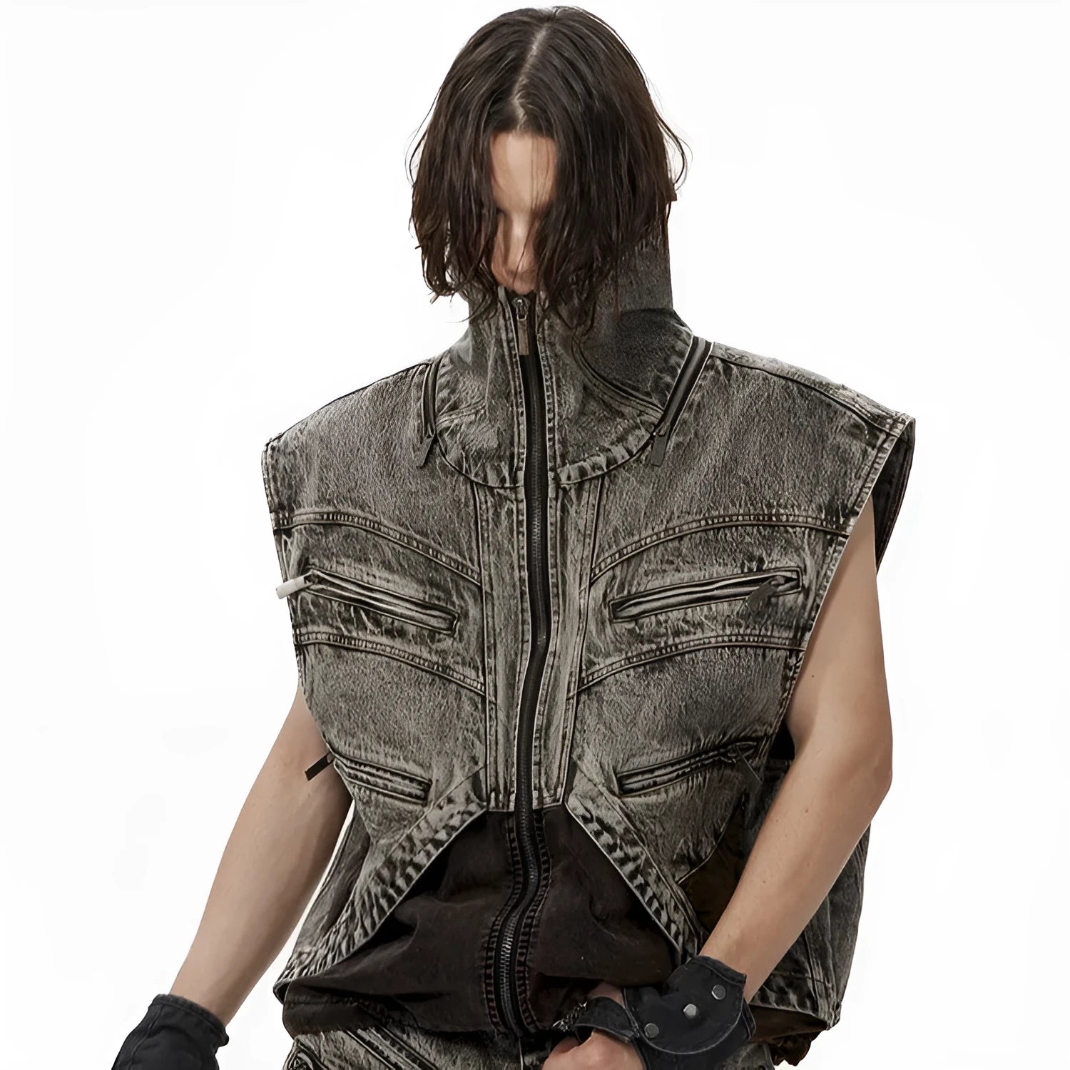 Men's sleeveless denim vest jacket with front zipper in cotton fabric summer casual wear