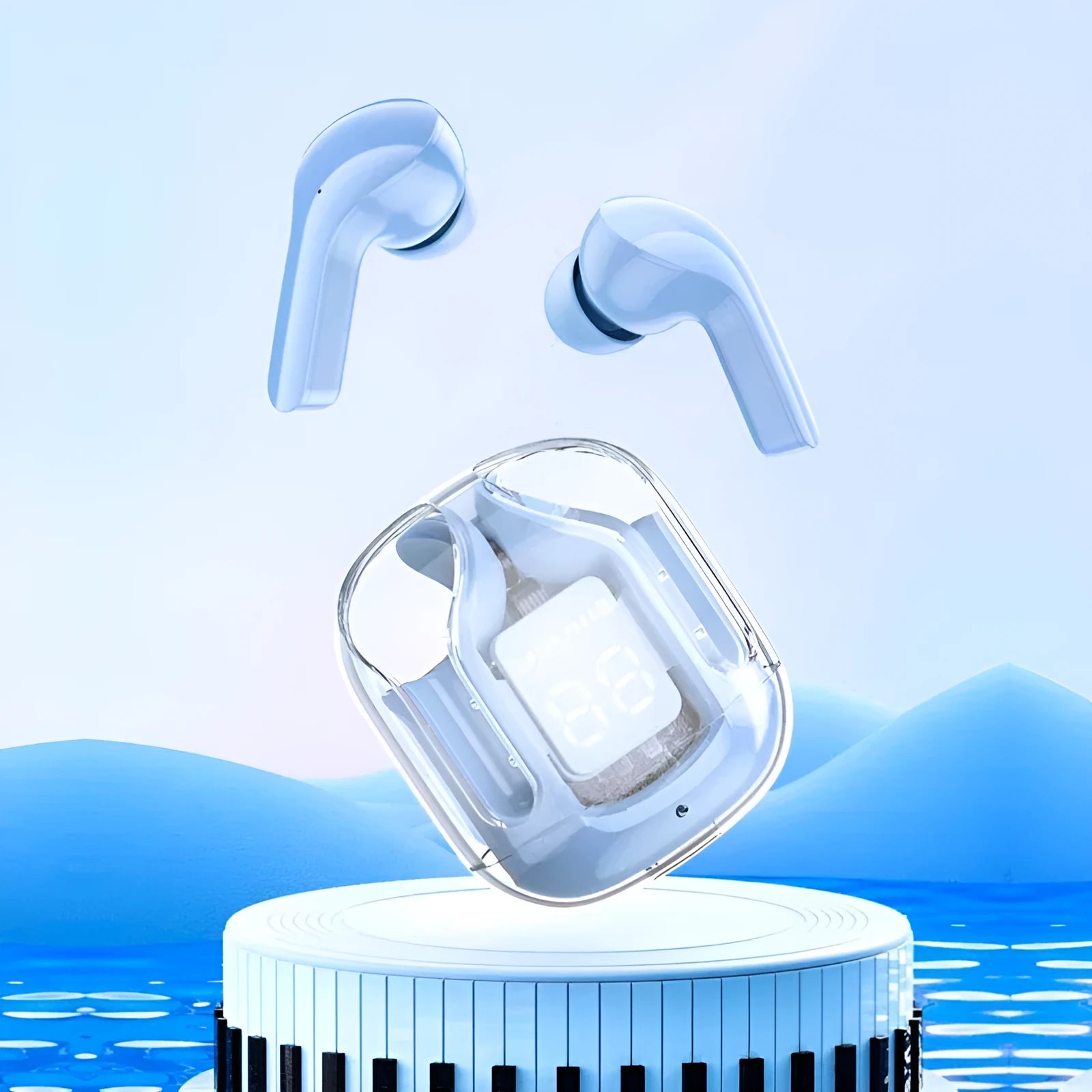 Transparent space capsule true wireless Bluetooth headset with digital display and plastic case in various colours