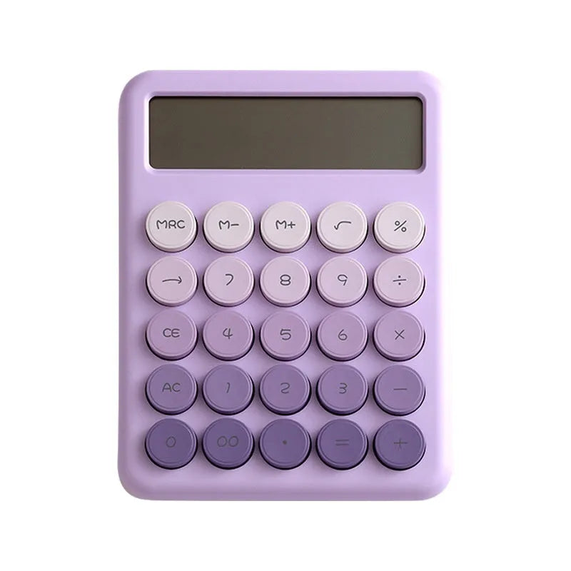 Violet, blue, green, and pink gradient colour desktop calculator on a desk.