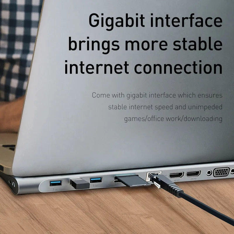 Grey aluminium USB-C docking station with cooling bracket showing ten ports including HDMI and Ethernet