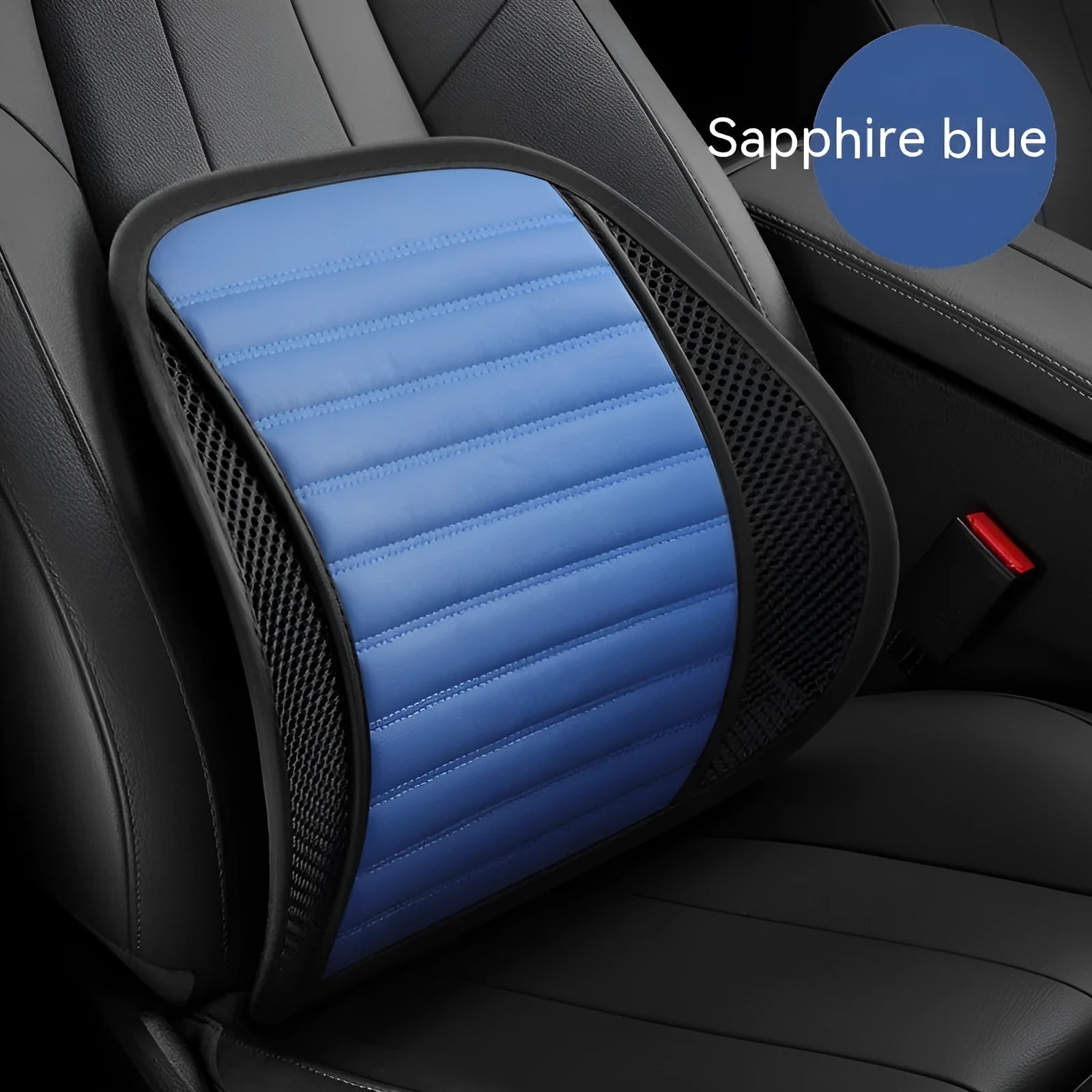 Leather lumbar support cushion shown in sapphire blue colour for car seats and chairs