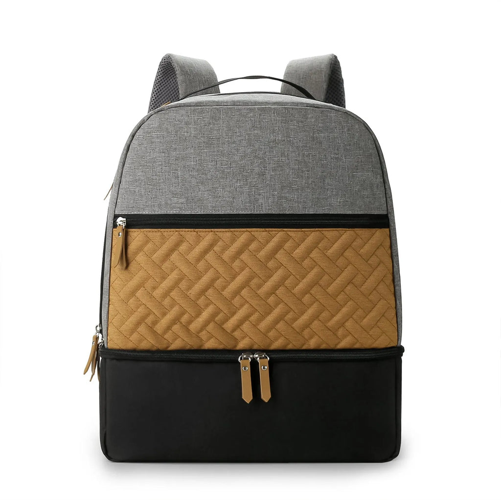 Grey insulated Oxford cloth mother and child travel backpack with curved shoulder straps, shown open to display organisation compartments.