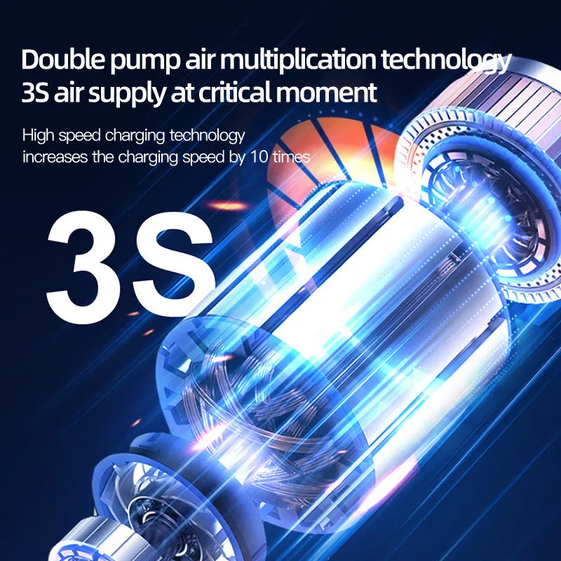 Black wireless portable car air pump with digital display, 6000mAh battery, and accessories including nozzles and power cord on a grey background.