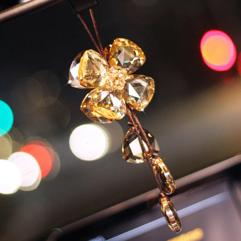 Genuine crystal four leaf grass car interior pendant measuring approximately 20cm for vehicle decoration