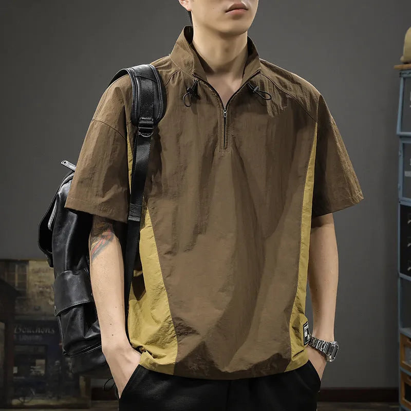 Men's half zipped stand collar business casual shirt in ice silk fabric available in brown and purple colours
