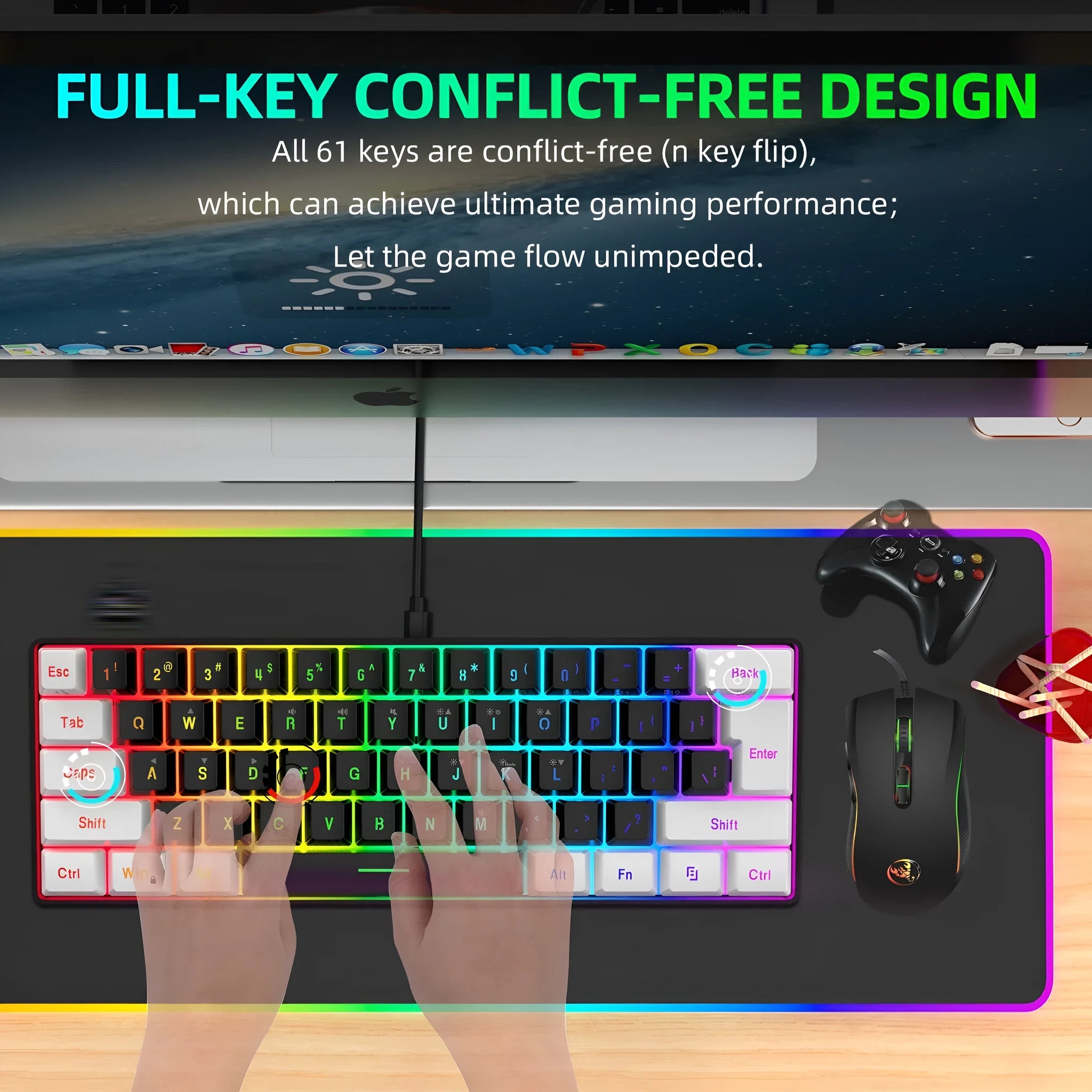 V700WB A869 white and black backlit wired keyboard and mouse combo set on a desk