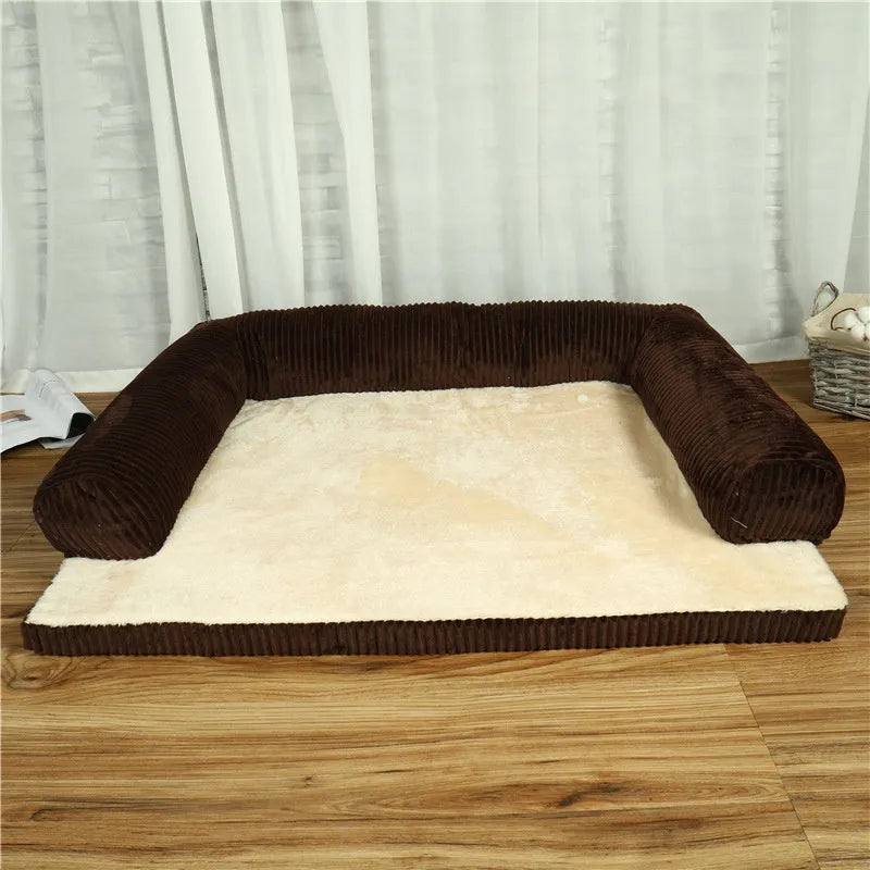 Corduroy pet sofa dog bed in grey colour with a non-slip base, shown in a bilateral style.