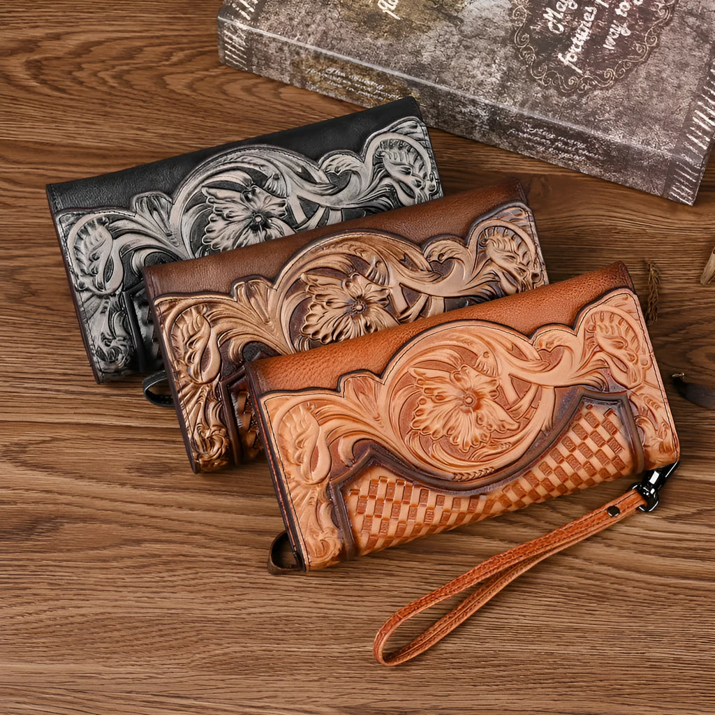 Chinese style embossed women's tri-fold wallet in genuine cowhide leather showing floral pattern detail