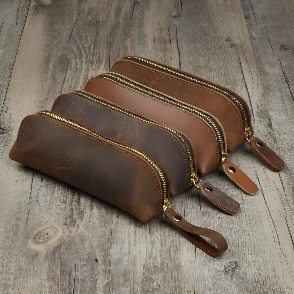 Handmade square leather pencil case with zipper in black, brown, dark brown, or yellow