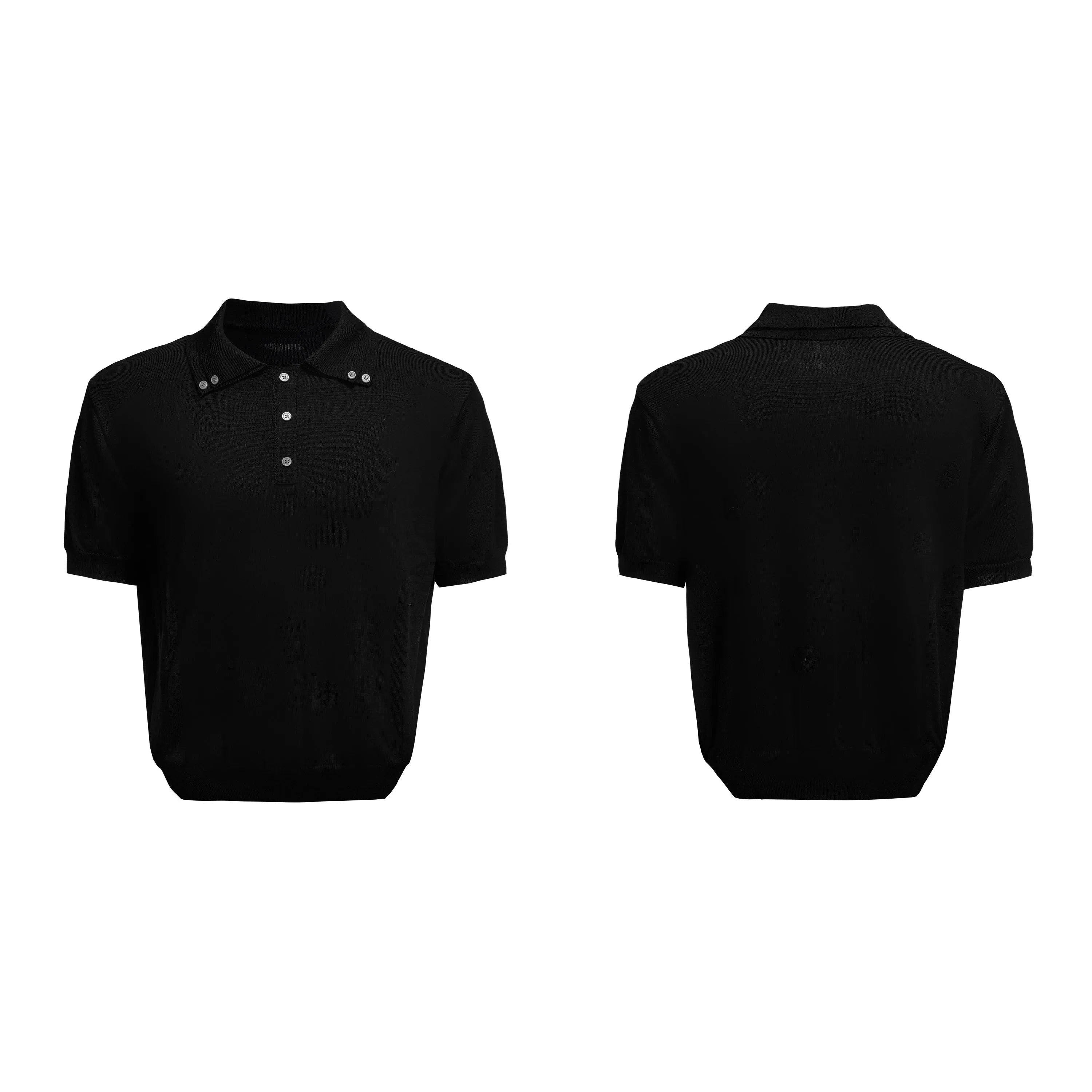 Men's slim fit short sleeve knitted shirt with double collar design in black, grey or white