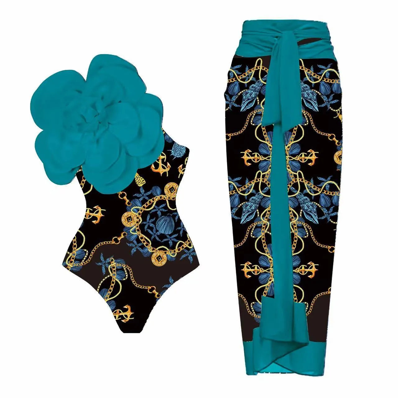 Women's floral one-piece swimsuit set with optional wrap skirt in polyester fabric