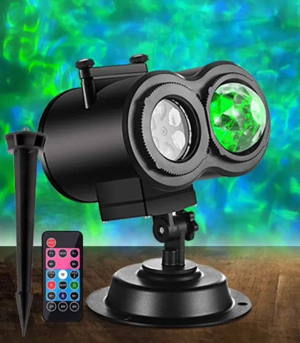 Outdoor waterproof double tube animated water pattern LED light with pattern cards on a garden patio.