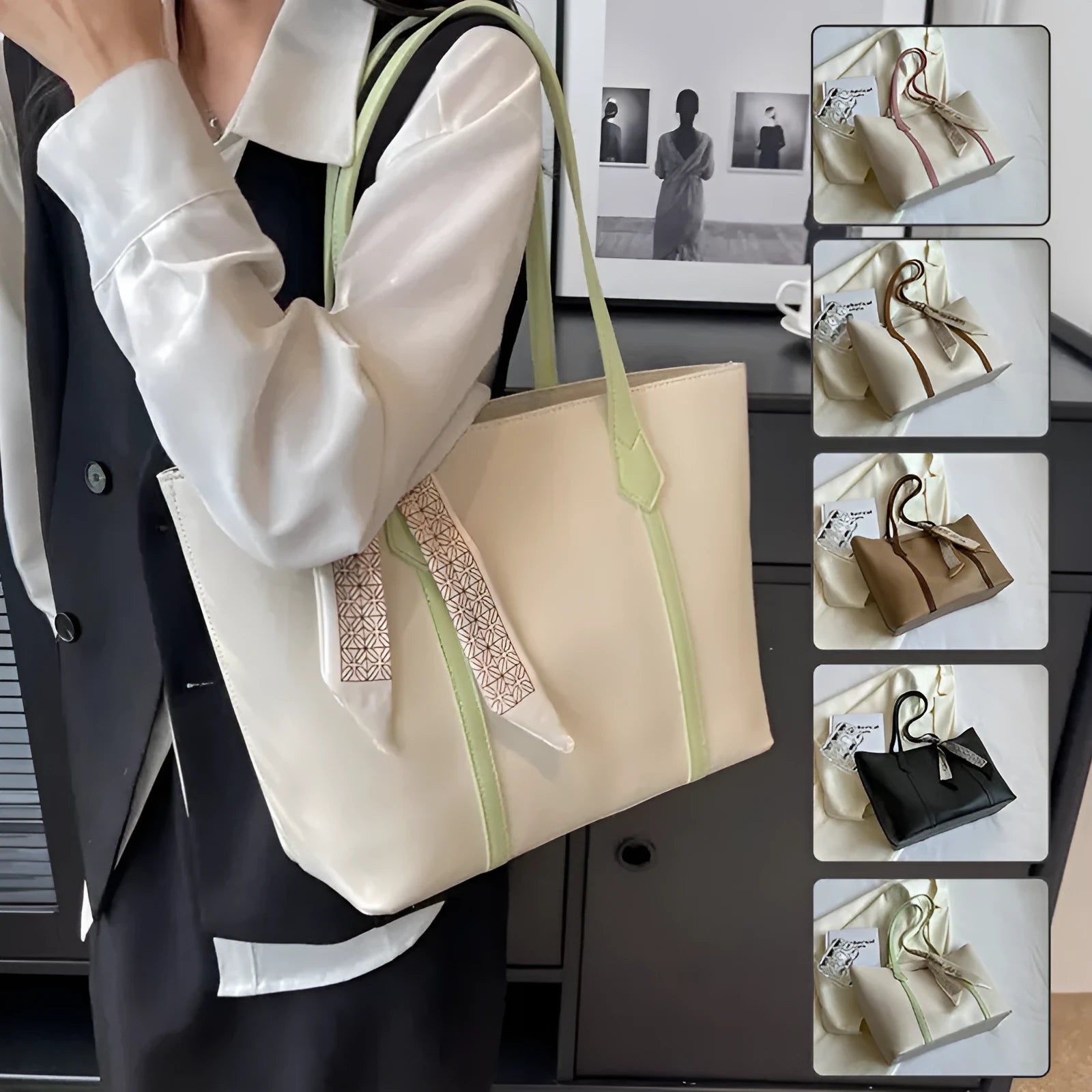 Soft large capacity tote bag with crossbody strap in khaki colour showing outer pocket and sewing line detail